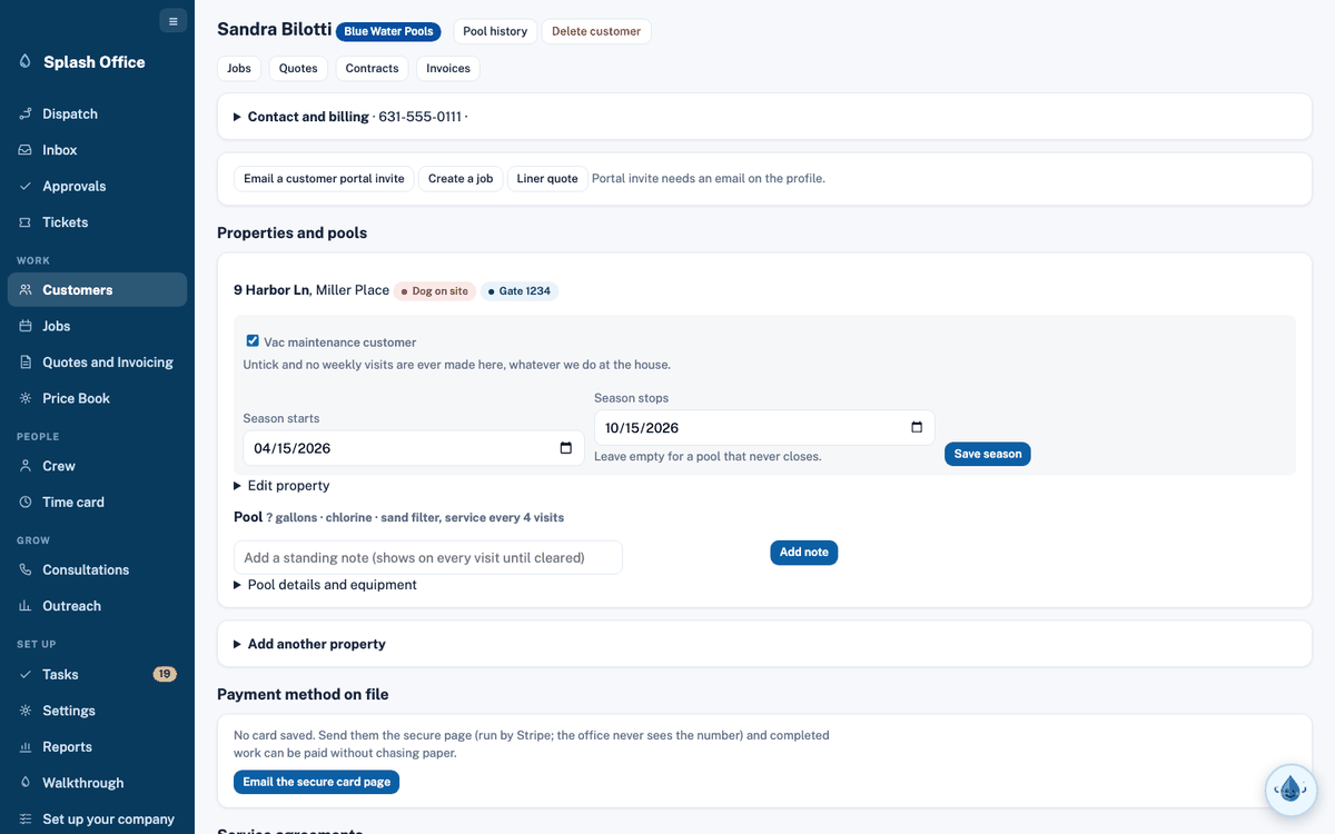 A customer's page: properties, bodies of water, agreements, jobs, invoices